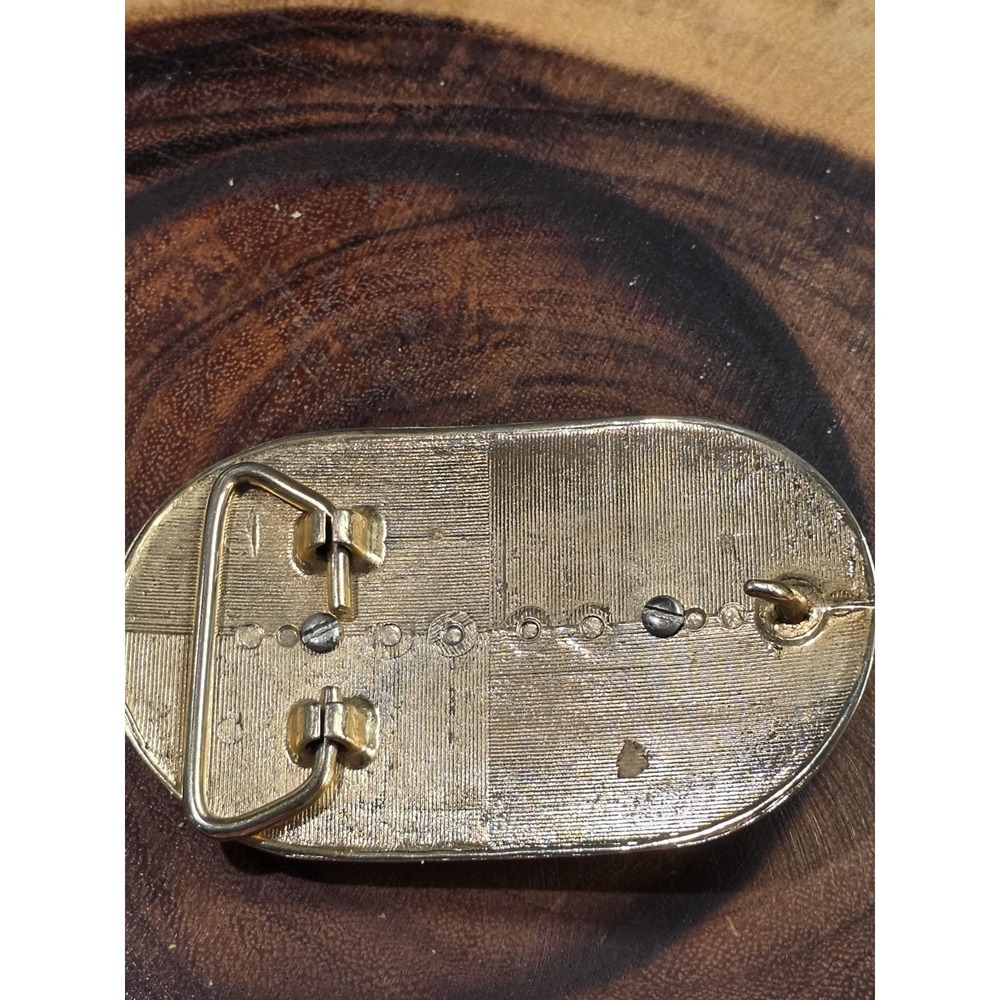 Gold Tone Belt Buckle w Horizontal Oval Wood Ornament Western Style - Picture 8 of 9